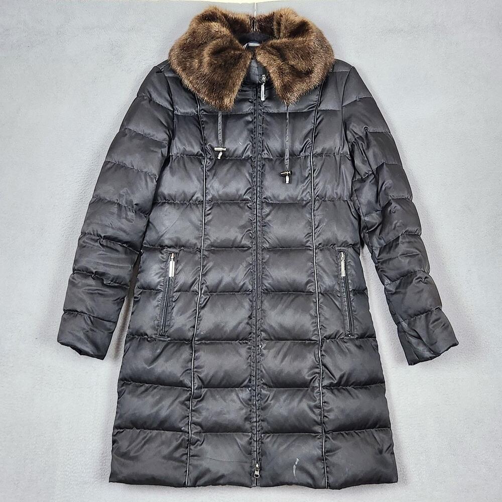 Nautica Coat Womens Medium Black Down Puffer Faux Fur Collar Long Zip Pockets